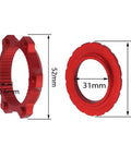 Red Swap-Ready Center Lock To 6-Bolt Disc Rotor Adapter for 9mm, 12mm, 15mm hub axles with lock ring and spacer, dimensions shown