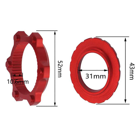 Red Swap-Ready Center Lock To 6-Bolt Disc Rotor Adapter for 9mm, 12mm, 15mm hub axles with lock ring and spacer, dimensions shown