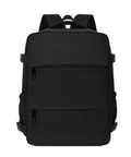 Carry On Friendly Hiking Backpack With Expandable Capacity Opens Flat For Easy Packing At Security, black front view