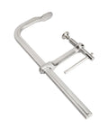 Heavy Duty F Clamp With Drop Forged Steel Construction, Adjustable Rotating Pad, shown at an angle on a white background