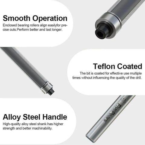Flush Trim Router Bit With Bottom Bearing For Woodworking, One Quarter Inch Shank, durable alloy steel handle and Teflon coating.