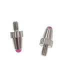Front and side views of two ruby-tipped dial indicator contact points with M2.5 threads; metal knurled bodies.