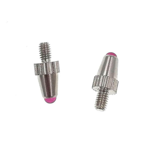 Front and side views of two ruby-tipped dial indicator contact points with M2.5 threads; metal knurled bodies.