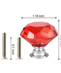 Top Shelf Red Diamond Cut Crystal Glass Cabinet Knobs Slick 30mm Drawer Pull Handles With Shiny Chrome Base And Mounting Screws displayed with screws.
