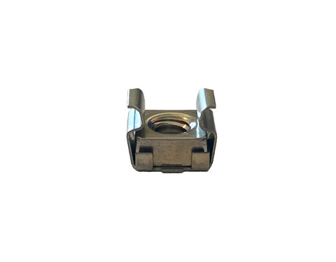 Rock Hard 1/4-20 Snap-On Stainless Steel Cage Nuts For Server Racks, Heavy-Duty Slide-In Panel Hardware, close-up view.
