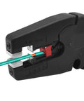 Automatic Wire Stripper And Cutter 2 In 1 for 32-7 AWG wires stripping green wire, close-up view