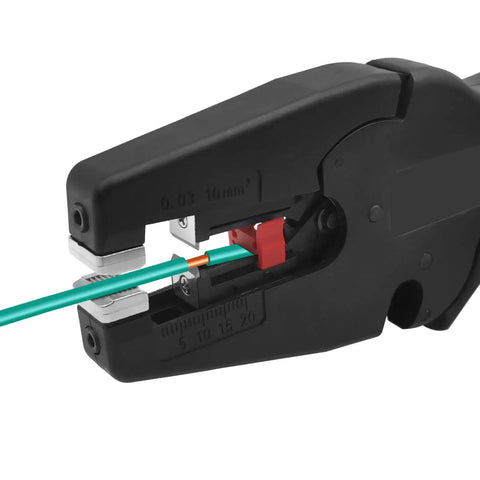 Automatic Wire Stripper And Cutter 2 In 1 for 32-7 AWG wires stripping green wire, close-up view