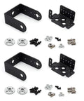 Two black metal pan-tilt servo brackets with mounting plates and assorted screws, nuts, and washers for MG996R
