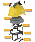 Exploded view of Boss Level Safety Helmet With EPS Foam Liner And Tough PC ABS Shell With UV Inhibitors For Top And Side Protection Hi Viz Yellow Color Non Vented Design Integrated Chinstrap And Easy FlexGen Ratchet To Lock In A Snug All Day Fit, showing components like foam, liner, and chinstrap.