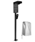 Ride-Ready Outdoor EV Charging Pedestal Housing a Tough Steel Hood Shielding Plug-In Wheels From Storms with protective cover.