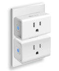 Ultra Mini Smart Plug 15A WiFi Outlet That Works With Alexa Google Home And IFTTT No Hub Needed UL Certified 2 Pack 2.4 GHz WiFi Only Compact Plug In For Home Automation; two white smart plugs in a wall socket.