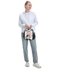 Woman in a white hoodie holding the Ultimate Kickass Insulated Lunch Bag For Guys And Gals Featuring Hella Tough Leak Proof Peva Lining.