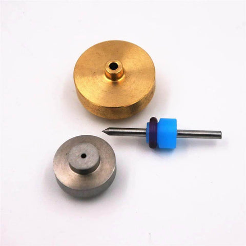 On/Off valve repair kit components: brass disk, gray disk, and blue plastic spacer with metal rod (3 pieces)
