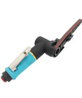 Mini Pneumatic Belt Grinder Sander Tool With Grit Belts For Polishing Metal, compact design with sanding belt attached.