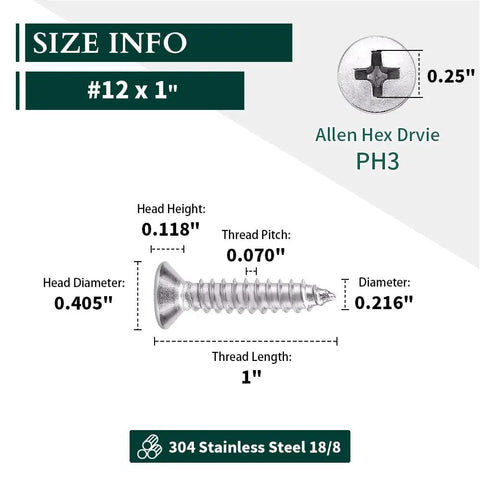 Built Like A Tank 50 Pack Flat Head Sheet Metal Screws 304 Stainless Steel Phillips Drive Self Tapping Corrosion Resistant One Inch Long with size info.
