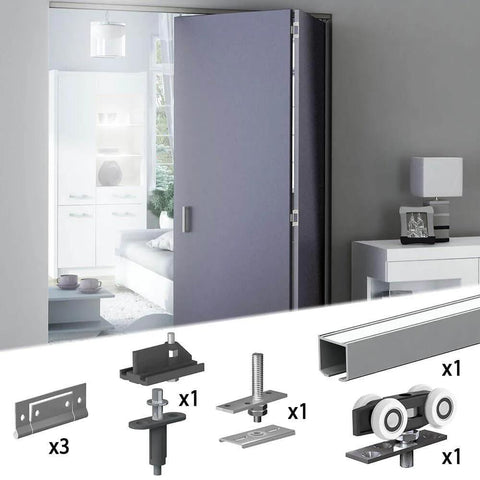 Two Panel White Bifold Door Hardware Kit With 59 Inch Ceiling Track Cut To Fit Design Supports Up To 90 Lbs Per Panel For Panel Thickness Five Eighths To One And Five Eighths Inches White Finish No Fuss Install