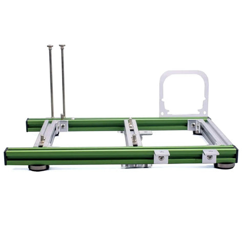 Open Air ITX Test Bench Frame For DIY PC Builds, lightweight aluminum bare frame with green brackets and screws visible.