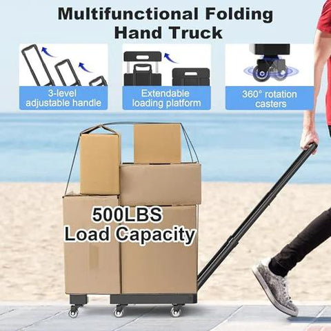 Front view of folding hand truck with extendable handle and wheels carrying stacked cardboard boxes (500 lb capacity).