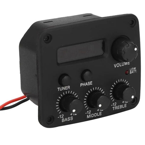 Three Band EQ Preamp Guitar Pickup System with LCD Display and Volume, Bass, Middle, and Treble Knobs.