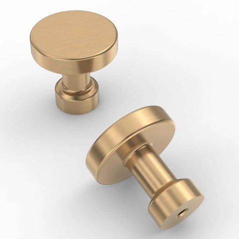 Close-up of 30 Pack Champagne Bronze Kitchen Cabinet Knobs And Pulls Set with single hole round gold knobs on white background.