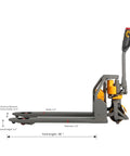 Apollo Lift Full Electric Lithium Pallet Jack, 3300 Lbs Capacity, 48V Brushless Motor, side view with fork dimensions labeled.