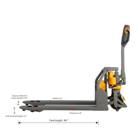Apollo Lift Full Electric Lithium Pallet Jack, 3300 Lbs Capacity, 48V Brushless Motor, side view with fork dimensions labeled.