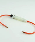 Grease Monkey Approved Glass Fuse Inline Holder Featuring Real 12 Gauge Wire Leads, white frame with orange wire leads for surge protection.
