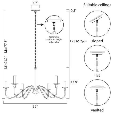 Diagram of Gold 6 Light Candle Chandelier With Dope Modern Brass Farmhouse Vibe Wrought Iron Ceiling Pendant Light Fixture dimensions