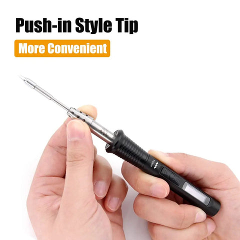 Upgraded TS80P Portable Soldering Iron Station Kit With OLED Display held in hand showing push-in style tip
