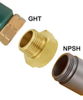Brass garden hose adapter, 1in NPSH female x 3/4in GHT male, close-up view