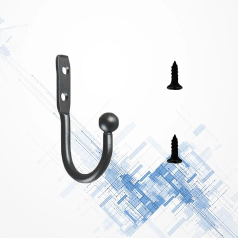 Hella Compact Black Metal Wall Hooks For Belts And Keys With Vintage Iron Curve Super Durable Purse Hangers showing a heavy-duty black iron hook with screws.