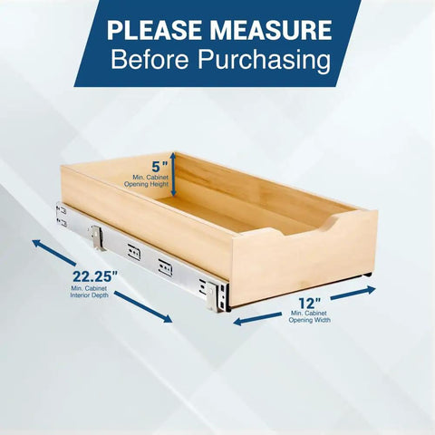 Soft Close Wood Drawer Box Pull Out Cabinet Organizer, 5 In High, 12 In Wide, 22 In Deep, Solid Wood Construction, Detachable Drawer From Slides With 75 Lb Capacity And No Screws Removal, Fits 12 In Wide Openings, Mounting Hardware Included
