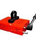 Heavy Duty Permanent Lift Magnet With No Hassle Release Lever For Shop Cranes And Hoists, 600kg capacity, red NdFeB steel lifter.