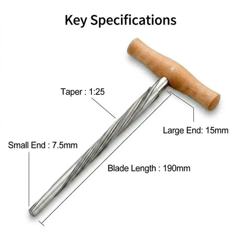 Cello Peg Hole Reamer, High Speed Steel Instrument Repair Tool for Makers, T-handle, tapered 1:25, 7.5mm to 15mm, 190mm length