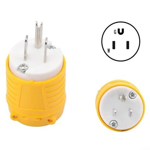 Heavy Duty NEMA 5-15P To Dual Receptacle Adapter 15 Amp 125 Volt rugged ABS construction close-up view of plug and socket design.