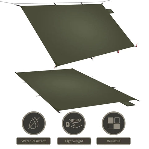 Ultralight Tent Footprint With 4000mm PU Waterproof Coating Silnylon Groundsheet shown as a hanging tarp and laid flat view.