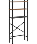 Over The Toilet Storage Organizer 3 Tier Freestanding Bathroom Shelf With Adjustable Feet Space Saving Easy Assembly Rustic Brown And Black Finish Keeps Toiletries Neatly Stored And Accessible In Small Bathrooms, showing front view with rustic brown wooden shelves and sturdy black metal frame.