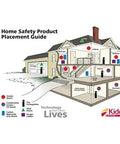 Home safety product placement guide showing locations for smoke alarms and carbon monoxide detectors in a house.