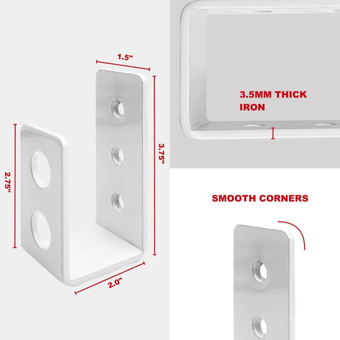 Close-up of 2 Pack Heavy Duty 2x4 Door Barricade Brackets For Indoor And Outdoor Security Delivers 700 Lbs Of Force Install In Minutes Thick 3.5mm Iron U Brackets Rust Proof Gate Bar Holder showing dimensions and smooth corners.