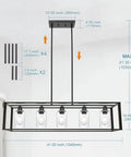 Five Light Kitchen Island Pendant Light With Seeded Glass In Matte Black, showing dimensions and adjustable rod lengths.