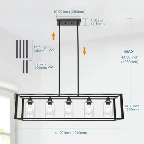 Five Light Kitchen Island Pendant Light With Seeded Glass In Matte Black, showing dimensions and adjustable rod lengths.