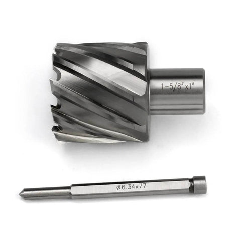 Front view of annular cutter (1-5/8 in diameter) with 3/4 Weldon shank and 1 in cutting depth, HSS.