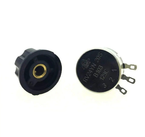 5K Ohm 6mm Shaft Rotary Taper Potentiometer With Knob, Carbon Film, Single Turn, 3 Terminals, Round Shaft, Compact 25x14mm Body