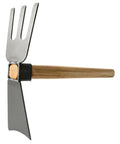 Side view of All Purpose Garden Hoe And 2-In-1 Digging Fork with wooden handle, carbon steel blade head and 3-prong tine, for gardening use.