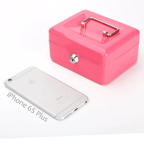 Small Pink Cash Box With Key Lock Double Layer Metal Money Box For Home Security Portable Locking Cash Safe With Removable Tray