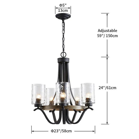 Three Light Modern Farmhouse Chandelier With White Fabric Shade For Dining Room Living Room Foyer Hallway Ceiling Light, Adjustable Rods, Easy Install, Rustic Chic Vibe For Your Home, black frame, ripple glass shades, D23'' x H24''.