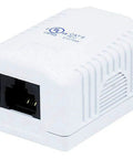 Cat6 RJ45 Surface Mount Wall Box Single Port With Dual IDC Punch Down Blocks UL Listed TAA Compliant White Heavy Duty Shell close-up view.