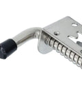 Keyless Spring Latch for Barn and Garage, stainless steel, close-up view of spring mechanism and rubber handle.
