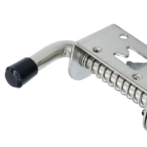 Keyless Spring Latch for Barn and Garage, stainless steel, close-up view of spring mechanism and rubber handle.
