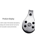 Close view of Two Pack 316 Stainless Steel Pulley Set With Nylon Wheels, showing metal shell and multiple holes.